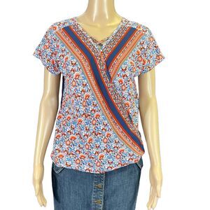 Halo Womens Blouse Top Shirt Floral Print Faux Wrap Pullover Short Sleeve Small